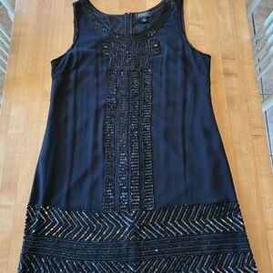 ADRIANNA PAPELL EVENING Black Silk Chiffon Beaded Cocktail Dress, Size 14